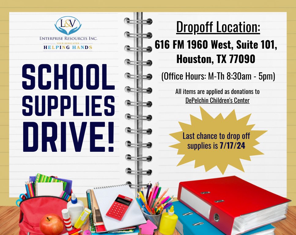 This summer, we're having a school supplies drive in July! So, make sure you drop them off to our office @ 616 FM 1960 West, Suite 101, ATTN Ana, Houston, TX 77090.

*Last day to drop off supplies is July 17, 2024!*
.
#houstonnonprofit #schoolsuppliesdrive #summerevent