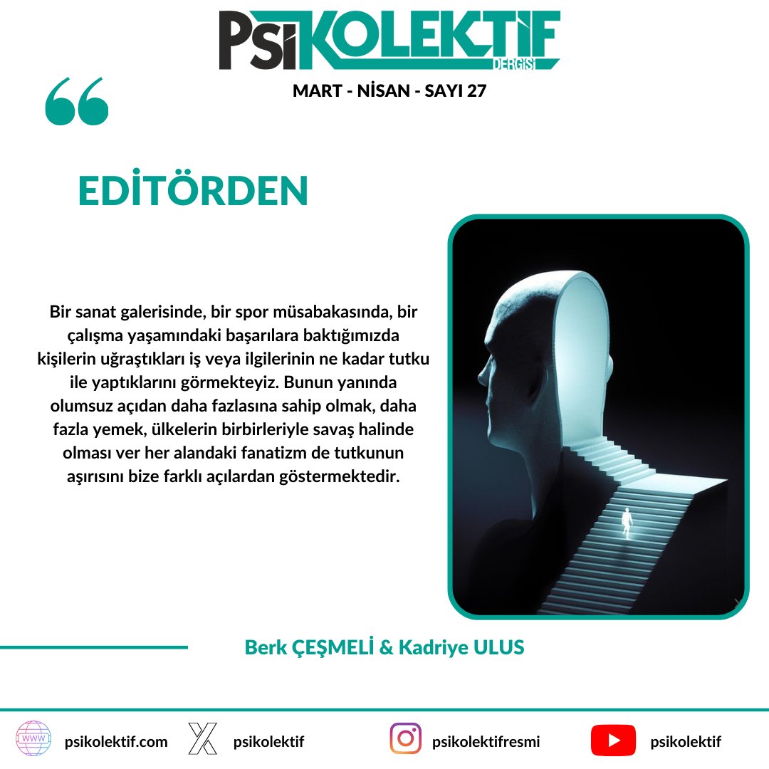 Psikolektif Dergisi'nin  ''Tutku'' sayısında derginin girişinde editörlerimiz Berk Çeşmeli (<a href="/berkceofficial/">Berk Çeşmeli</a>) ve Kadriye Ulus'un editörden (<a href="/Kadryeulus/">Kadriye</a>) yazısı karşılıyor:
psikolektif.com/psikolektif-de…
#tutku, #sayı27, #psikolektifdergisi, #passion, #passionate, #haz, #psikoloji