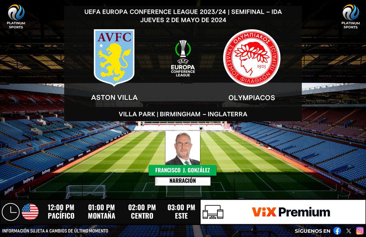 ⚽️ #UECL | 🏴󠁧󠁢󠁥󠁮󠁧󠁿 #AstonVilla vs. #Olympiacos 🇬🇷
🇺🇸📱💻 @VIX (Premium)
🎙️ @FJG_TD 

#LoNuestroEsElFutbol - #ConferenceLeague