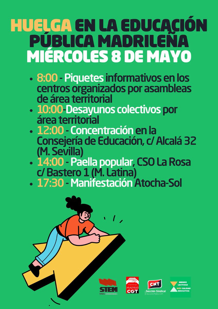 HUELGA ENSEÑANZA PÚBLICA El miércoles 8 de mayo es la primera jornada de huelga en la educación pública madrileña Acude a las movilizaciones 8:00 Piquetes 10:00 Desayunamos juntas 12:00 Concentración en la Consejería 14:00 Paella popular 17:30 Manifestación Atocha-Sol