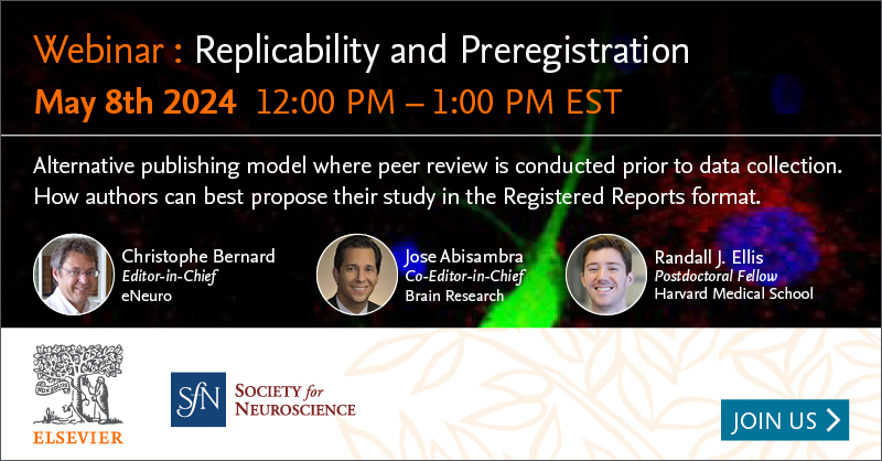 ❇️ Upcoming Webinar : May 8th Moderated by #eNeuro Editor-in-Chief Christophe Bernard, and joined by Jose Abisambra, co-Edior-in-Chief of Brain Research, and Randall Ellis, postdoctoral fellow at @harvardmed Learn more about the Webinar & Register! 🔽 neuronline.sfn.org/scientific-res…