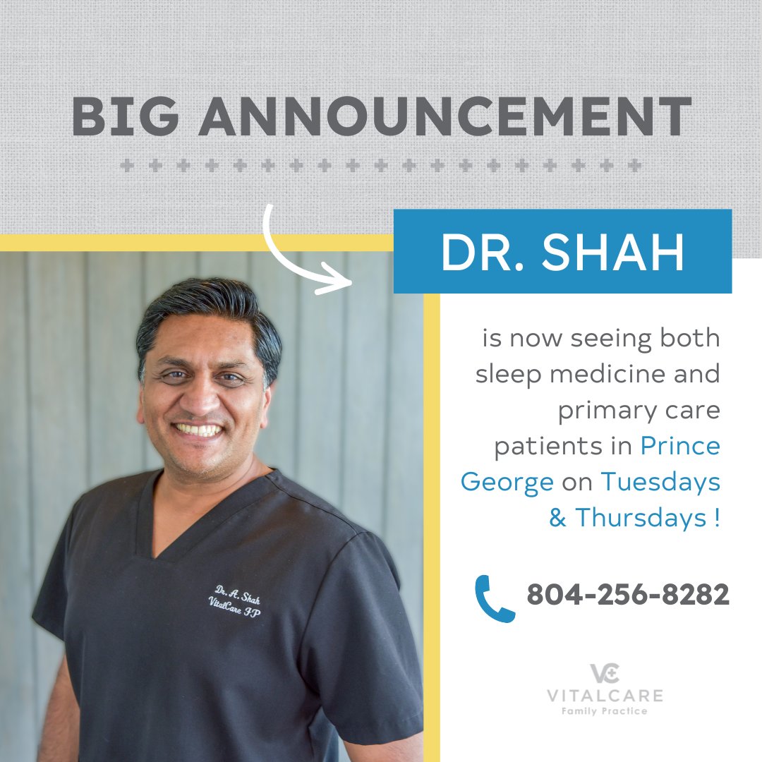 We're excited to announce that Dr. Shah is now seeing sleep medicine and primary care patients at our Prince George location every Tuesday & Thursday! 🙌

Contact us now to reserve an appointment with Dr. Shah! 📞 804-256-8282

#PrinceGeorge #SleepMedicine #PrimaryCare