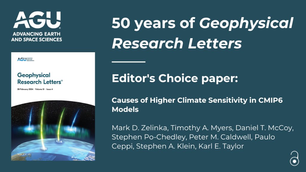 theAGU's tweet photo. @wileyearthspace @CSUAtmosSci @UW @Harvard @LamontEarth @ANU_Research @ourANU @altmetric @UCBerkeley @UCIrvine @MIT @NASAGoddard @EU_ScienceHub @CIMAFoundation @SMHI @metofficeUK @AGUSciPolicy 🏅Editor’s Choice Paper🏅 

“Causes of Higher Climate Sensitivity in CMIP6 Models” by Zelinka et al. (2020)

https://t.co/wFBuJ0vZA2 

@Livermore_Lab @CUBoulder @D_McCoy_Atmos @imperialcollege 

(6/6) https://t.co/UEtEG4XoAs