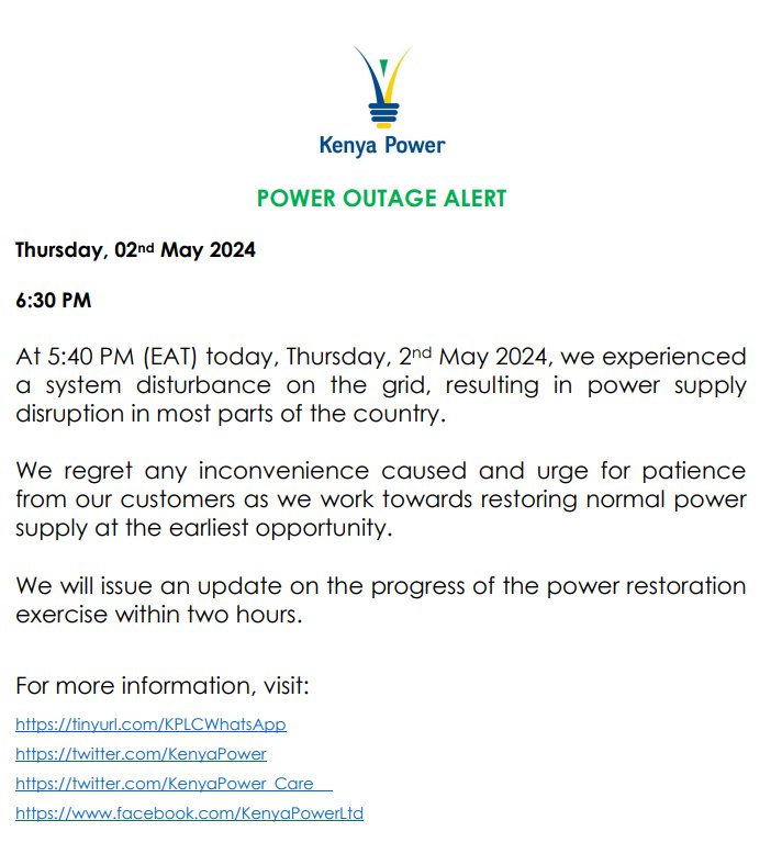 Kenya Power acknowledges national power outage