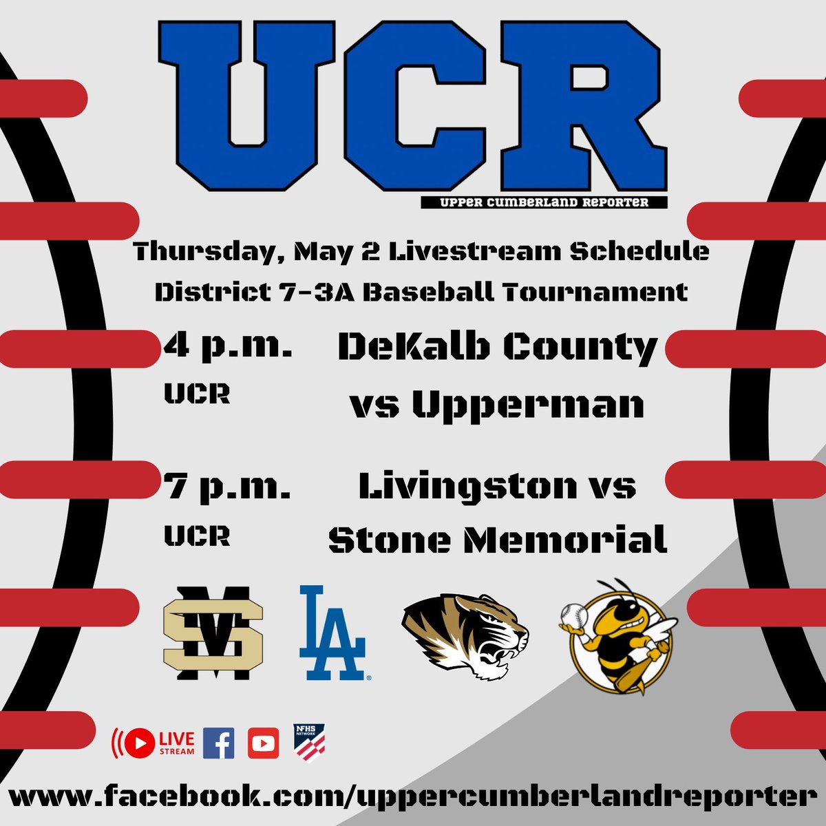 Join us this afternoon for more District 7-3A baseball tournament action as DeKalb County faces Upperman at 4 p.m. followed by Livingston vs. Stone Memorial at 7!