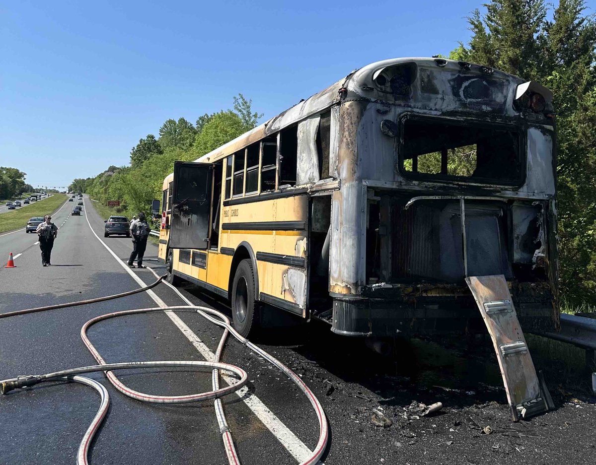 #FairfaxsBravest are on scene of a school bus fire on SB Fairfax County Parkway at Fox Mill Road. The driver exited the bus prior to #FCFRD arrival. The bus was otherwise unoccupied. The fire is out.