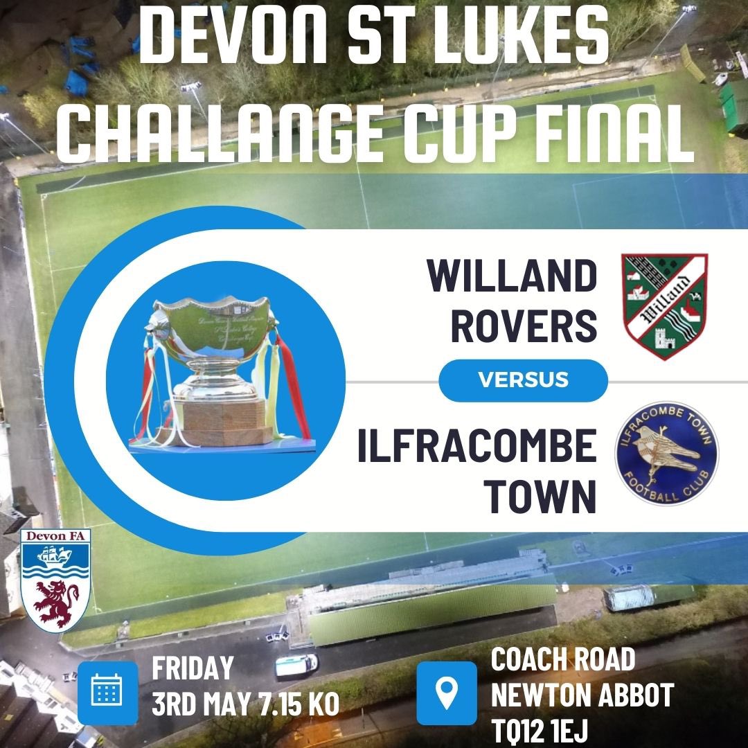 𝓘𝓽’𝓼 𝓯𝓲𝓷𝓪𝓵 𝓮𝓿𝓮 🏆 Join us tomorrow @ Coach road, Newton Abbot where we take on @ilfcombeafc in the final of the @baysidegraphics Devon St Luke’s Challenge cup. #COYR @swsportsnews