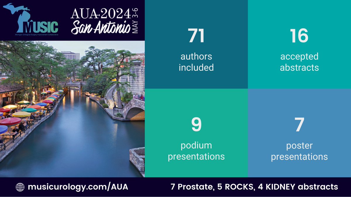 🎶MUSIC is excited for AUA this year!🎶 
Don't miss our presentations and join us for the MUSIC Reception on Saturday from 5-7pm. 🎉 Everyone is welcome! 

Find all the details at the link below:
🔗musicurology.com/aua/

#AUA2024 #Urology 
<a href="/AmerUrological/">Amer. Urol. Assn.</a>