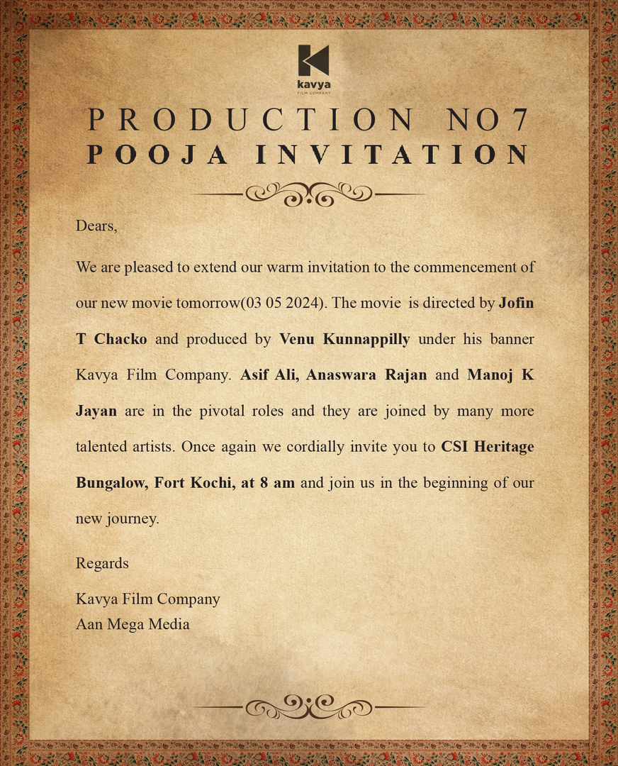 Pooja Invitation For Jofin T Chacko 's Next After #ThePriest Starring Asif Ali, Anaswara Rajan & Manoj K Jayan Produced By Venu Kunnappilly !!