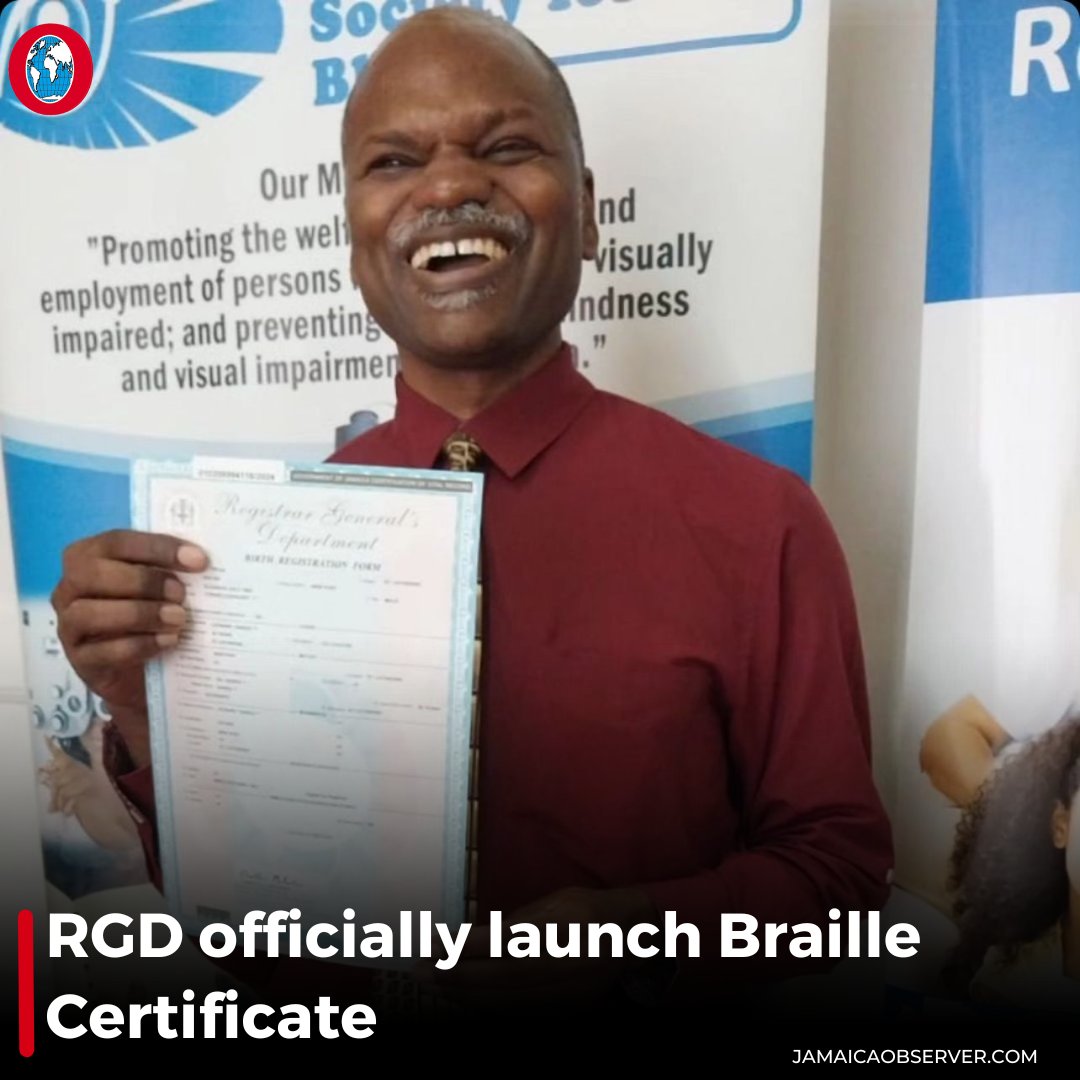 The Registrar General’s Department (RGD) on Wednesday officially launched the Braille Certificate at the Jamaica Society for the Blind. jamaicaobserver.com/2024/05/02/rgd…