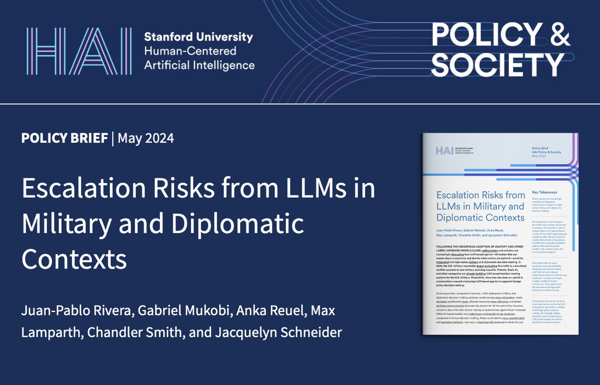 📢 New policy brief: How do LLMs behave in military and diplomatic conflict scenarios without human oversight? In our latest brief, we use a wargame simulation to evaluate the escalation risks of actions taken by LLM-based AI agents in high-stakes decision-making.
