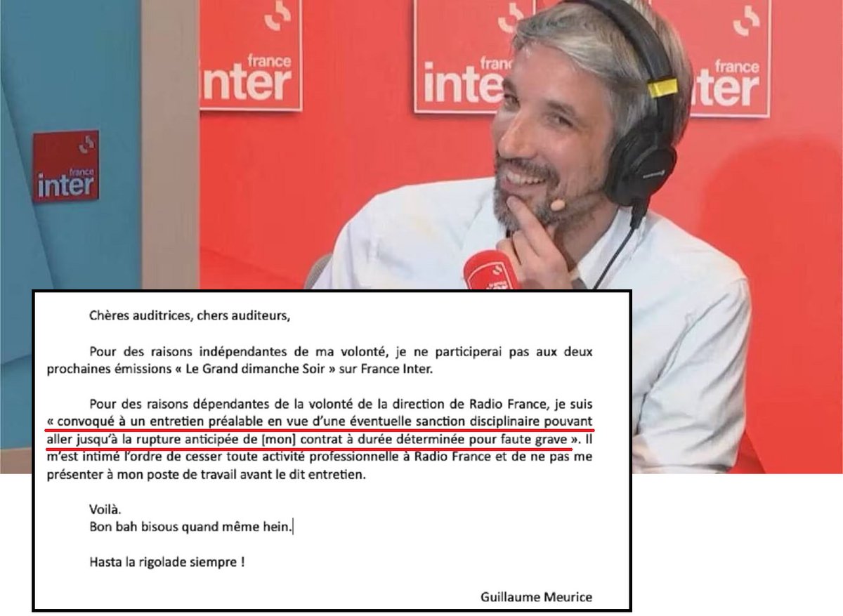 🚨‼️ ALERTE : France inter veut licencier Guillaume Meurice pour FAUTE GRAVE. Il convoquée par la direction de la radio 'en vu d'une sanction disciplinaire pouvant aller jusqu'à la rupture du contrat !'

Il y a quelques jours, une plainte le visant avait été classée sans suite.