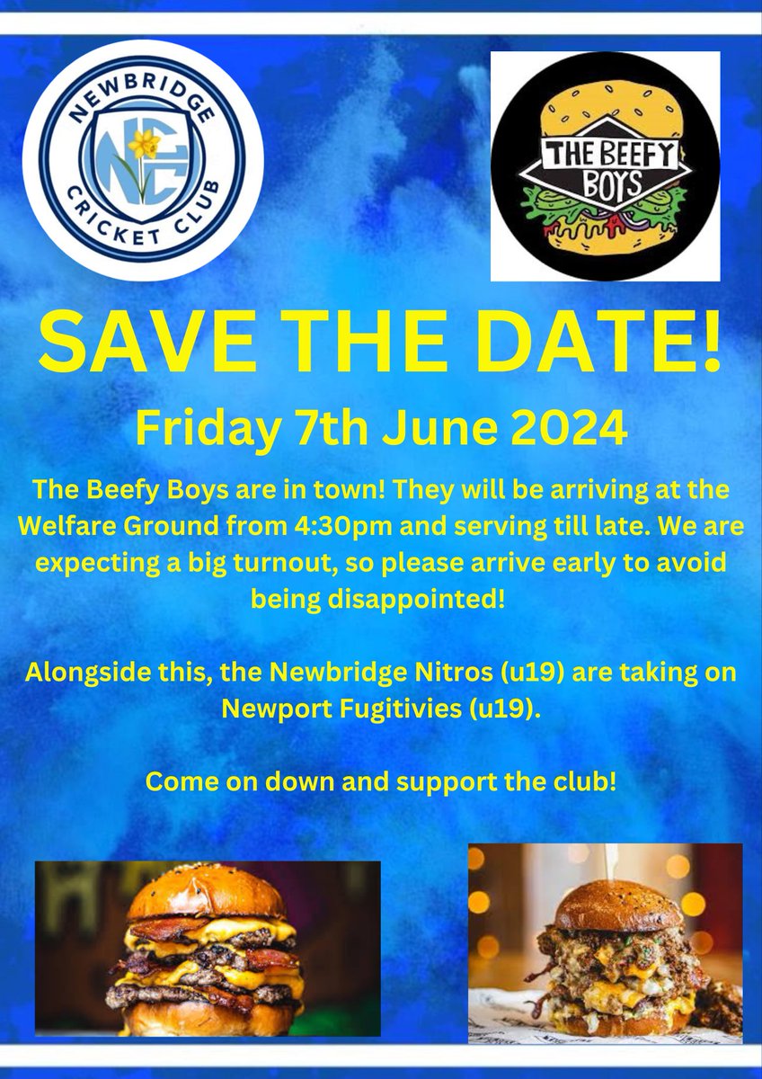 NewbridgeCC's tweet image. You don't want to miss this! The award winning @thebeefyboys  are coming to the Welfare Ground on Friday 7th June! We are also taking on @FugitivesCC in an U19's game! #NCC 🍔🍟