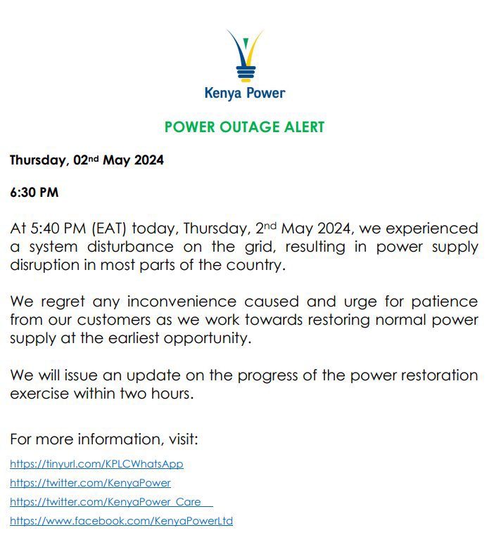 Kenya power issue a statement. What’s this now? From 5:30?