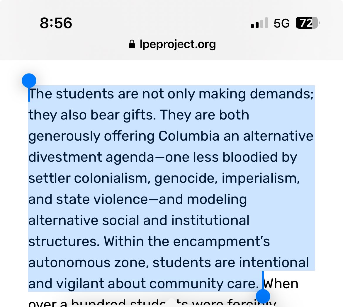 This is my favorite part of these brilliant reflections on the @LPEblog, written by students at the encampments. “The students are not only making demands, they also bear gifts.” Gifts that help us envision a different, less bloodied future.