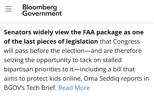 👀 Lawmakers are looking to get #KOSA over the finish line and included in the must-pass FAA reauthorization package. “If a bill with 70 co-sponsors in the Senate can’t get a vote—something’s wrong.” – @SenBlumenthal