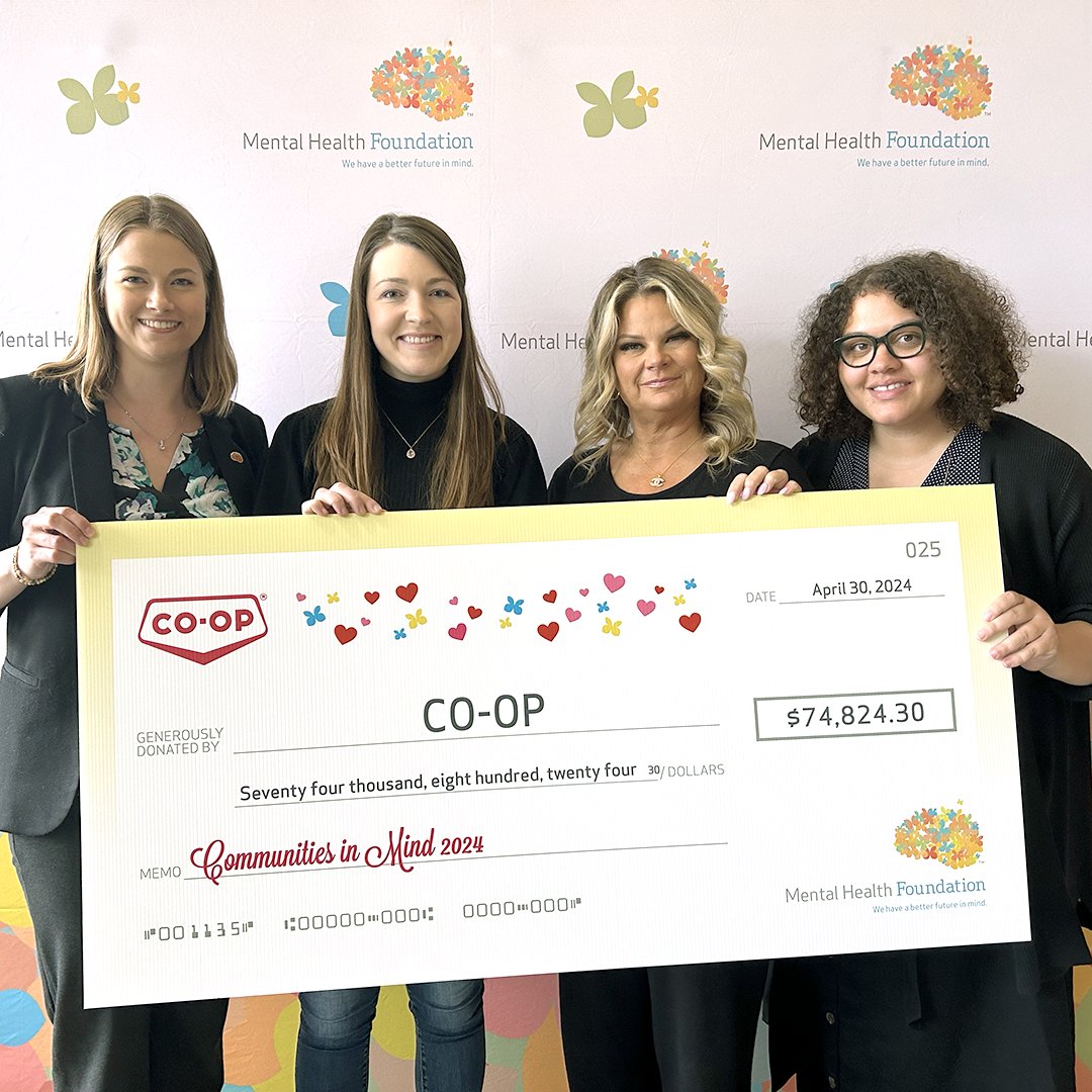 Celebrating the success of the 2024 Communities in Mind campaign – $74,824.30 raised! L-R: Ashley Cruz (MHF), Jordyn Prior (Cornerstone Co-op), Josie Doll (South Country Co-op), Amber Whelan (MHF). #CommunitiesInMind #MentalHealthSupport #ThankYouAlbertaCoops #MentalHealthMatters