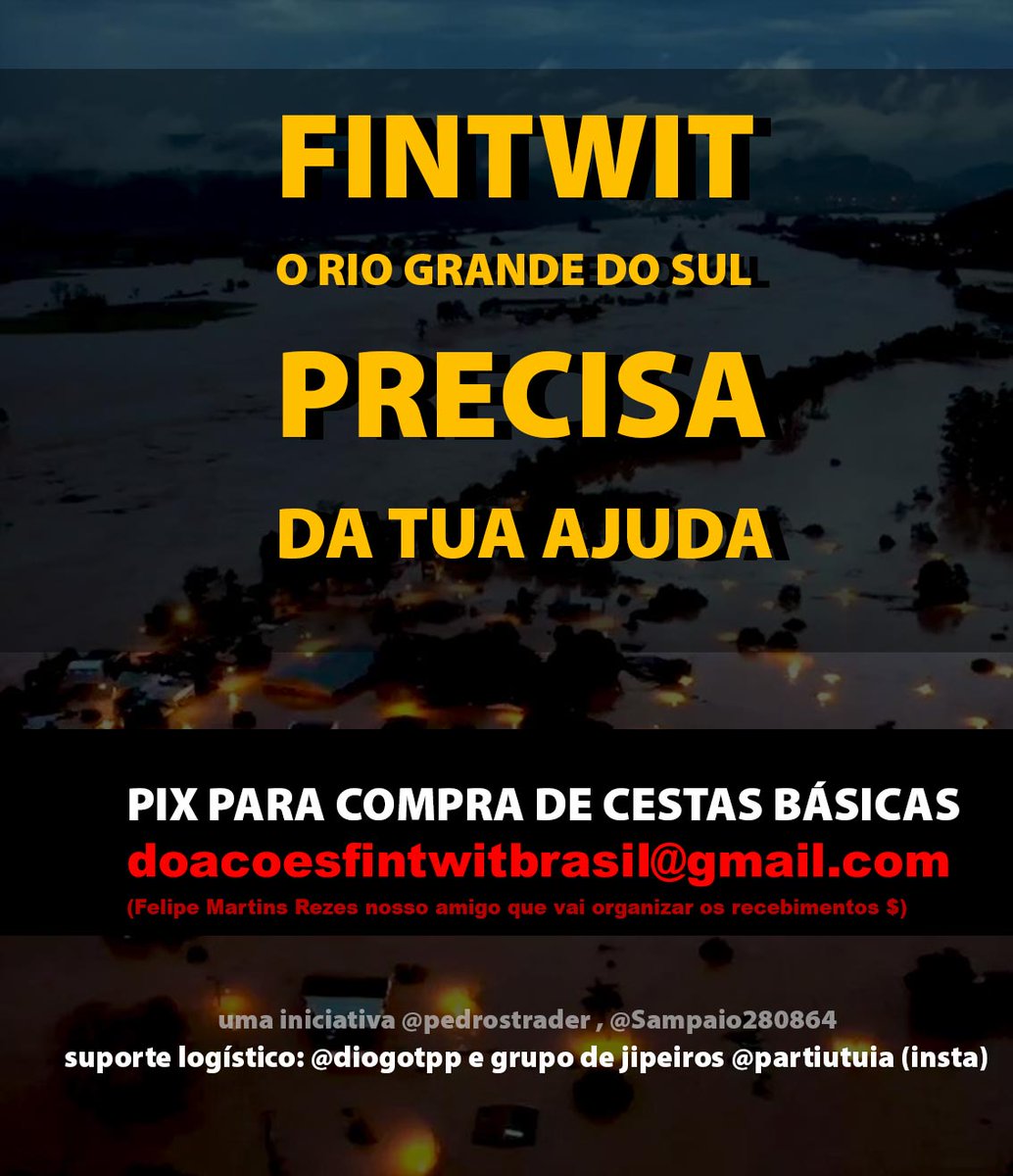 Pedro Strader 🇧🇷 (@pedrostrader) on Twitter photo FINWTIT, AJUDA O RIO GRANDE
Só ficar angustiado não dá
Vamos ajudar pessoal!!
Toda e qualquer ajuda será bem vinda!
Ontem conversando c <a href="/Sampaio280864/">Pedro Sampaio</a> sugeri darmos este pontapé inicial, precisamos nos mexer!
Contamos com vocês! FINWTIT, AJUDA O RIO GRANDE
Só ficar angustiado não dá
Vamos ajudar pessoal!!
Toda e qualquer ajuda será bem vinda!
Ontem conversando c <a href="/Sampaio280864/">Pedro Sampaio</a> sugeri darmos este pontapé inicial, precisamos nos mexer!
Contamos com vocês!