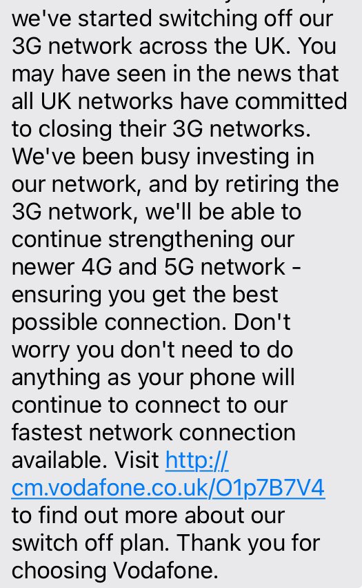 Looks like <a href="/VodafoneUK/">Vodafone UK</a> have switched off 3G masts in this area. 

They promised “by retiring the 3G network, we’ll be able to continue strengthening our newer 4G &amp; 5G network.”

So far, there seems to be no stronger 4G network locally. And with no 3G, there’s almost no service