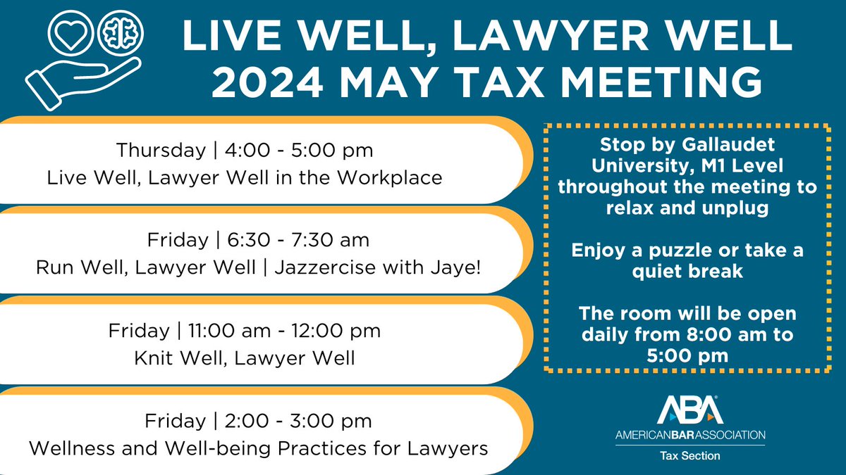 May Tax Meeting attendees, don't miss our Live Well, Lawyer Well sessions throughout the meeting in Gallaudet University on M1. The room will be available as a dedicated quiet space when sessions are not happening. Register: events.americanbar.org/9XAAoL?Refid=S… #24TaxMay #taxlaw #taxlawyer