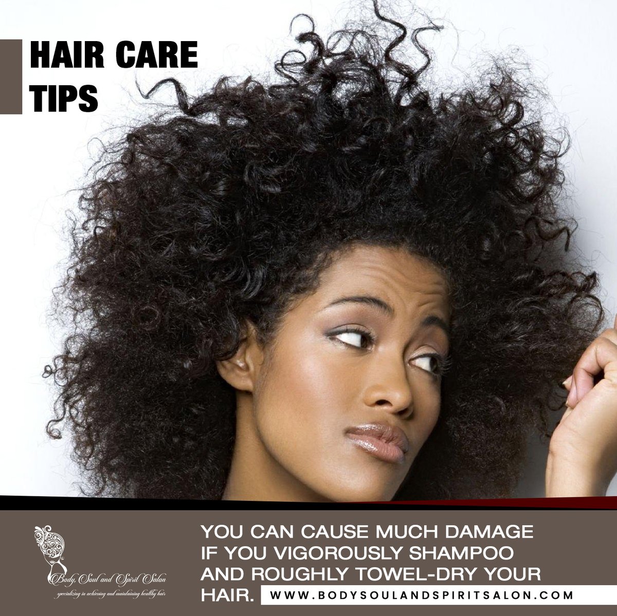 Hair Care Tips: 

You can cause much damage if you vigorously shampoo and roughly towel-dry your hair. 

#HairCareTips #BodySoulSpirit #DidYouKnow #HairGoals #HairCare #HealthyHair