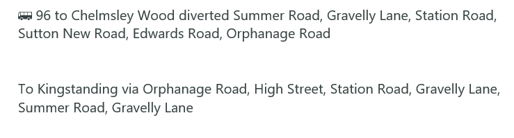 Diversion ⚠️ Thursday 2nd and Friday 3rd May 2024, 7pm - 5am Sutton New Road closed from Summer Road to Orphanage Road for Highway Works 🚌 96 diverted as attached, sorry for any inconvenience caused