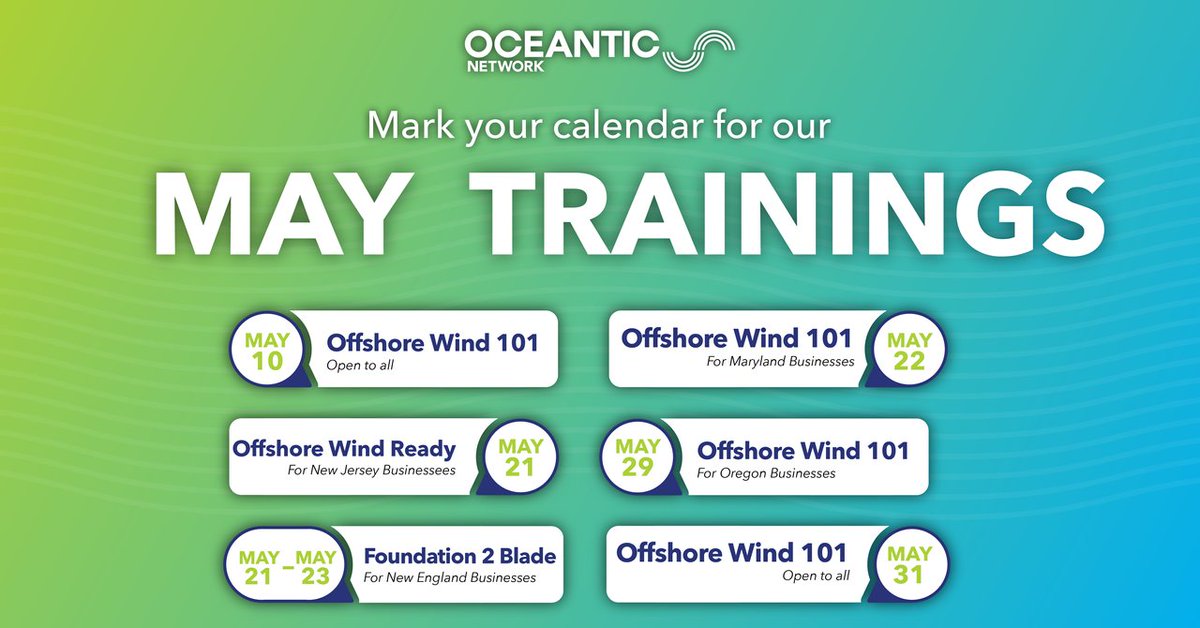 New staff you need to get up-to-speed on offshore wind? Have them join a FREE OSW 101. Looking for new business opportunities? Take an Offshore Wind Ready or Foundation 2 Blade. Check out these great events we have lined up for May and sign up today! oceantic.org/events/categor…