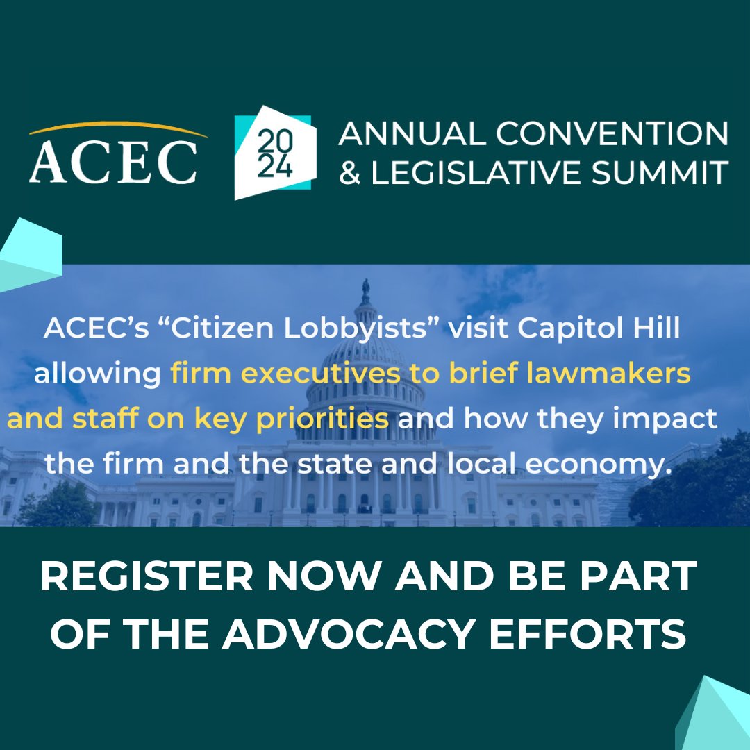 Register now for the ACEC 2024 Annual Convention and be part of the voices advocating for the engineering industry on Capitol Hill. There's only 2 weeks left ⏳🕒 Register Now: bit.ly/44qqG2W #ACEC2024ANNUAL