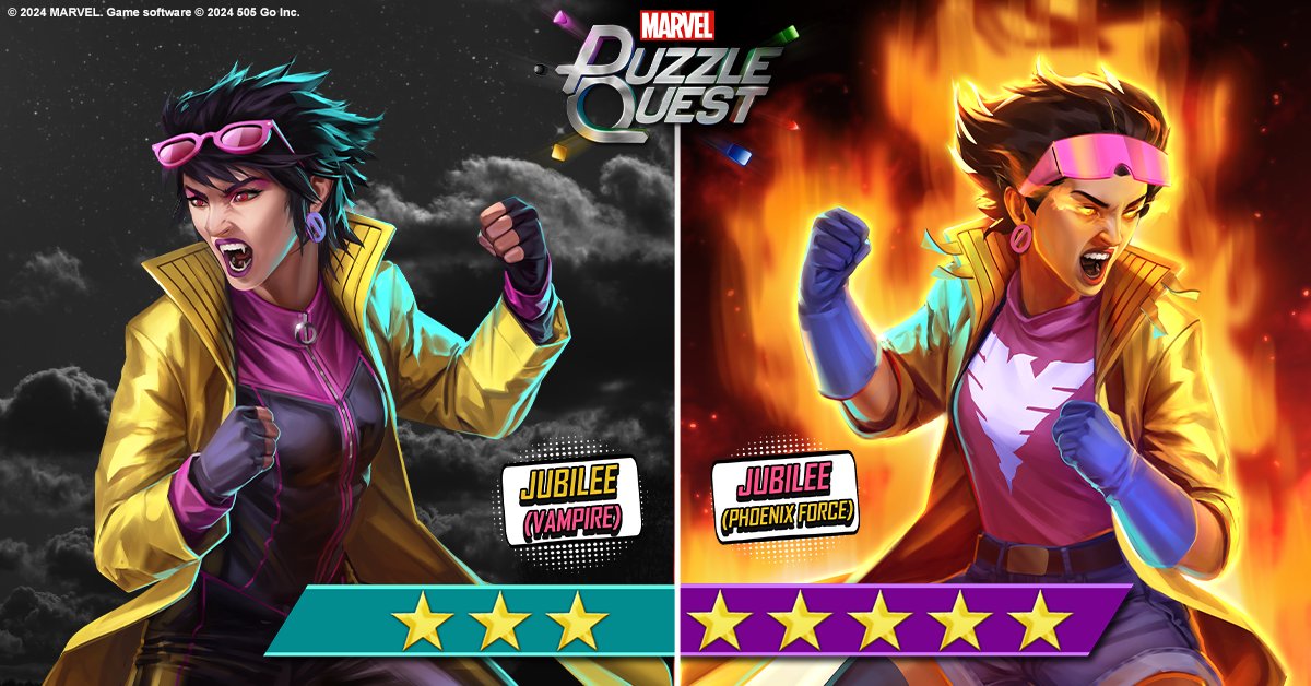 Fight fire with fire or fangs??! Jubilee stuns the competition with her fiery 5-Star Jubilee (Phoenix Force) powers & sinks her fangs into prey as 3-Star Jubilee (Vampire) today!