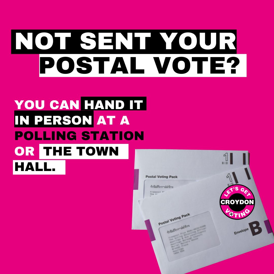Not handed in your postal vote 📮 yet? Hand it in at any #Croydon polling station or at the Town Hall reception. 📝 You’ll need to complete and attach a postal vote return form. Staff at the polling station and the Town Hall will give this to you. croydon.gov.uk/postalvote
