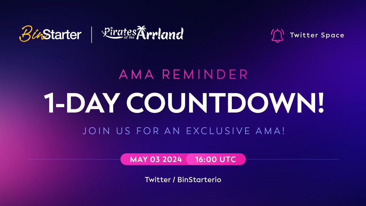 🏴‍☠️ AMA Alert: @ArrlandNFT x @BinStarterio Ahoy, adventurers! Join us tomorrow, May 3, 16:00 UTC for an exclusive #AMA w/ Pirates of the Arrland! 🗓 Venue: twitter.com/i/spaces/1eaKb… Prepare your questions w/ $250 in rewards & $1K worth of Whitelist Spots for 10 participants! 🤩