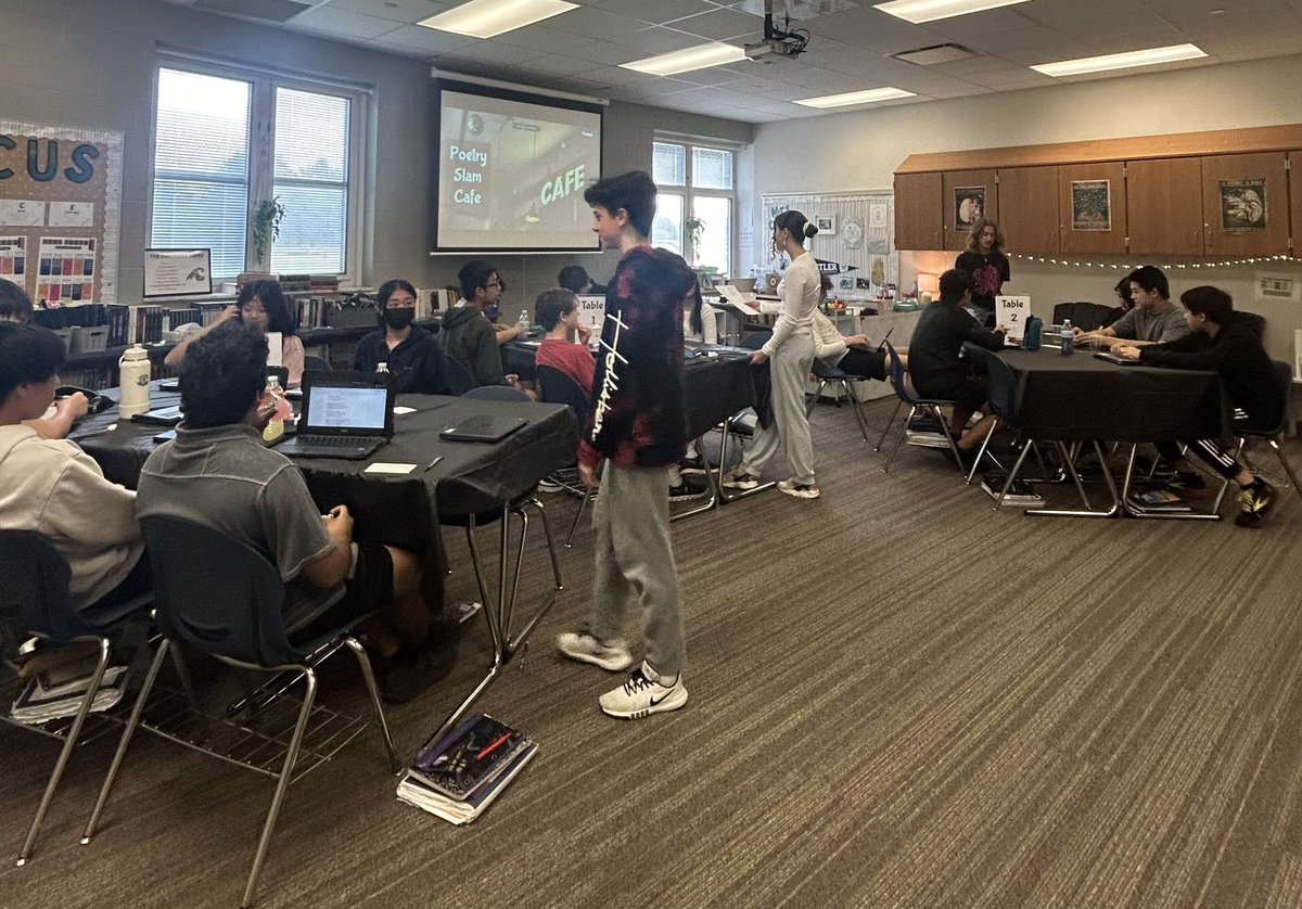 We had a poetry slam cafe in class today where students presented their narrative poems to get ready for our Creekside’s annual 8th grade poetry slam. Loved hearing from so many talented writers! <a href="/CreeksideMS/">Creekside MS</a>