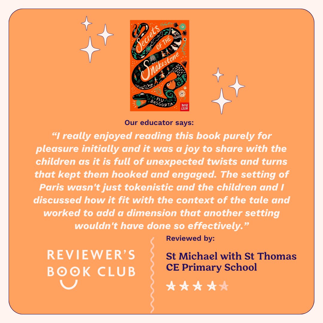 Being read and reviewed in the #RR_ReviewersBookClub today we have, Secrets of the Snakestone, reviewed by St Michael with St Thomas CE Primary School.
Read the review here: 
wherereadingrocks.com/2024/05/02/sec…

@PiuDasGupta1
@NosyCrow
@stmichaelthomas

#KS2 #novel #adventure #mystery #magic