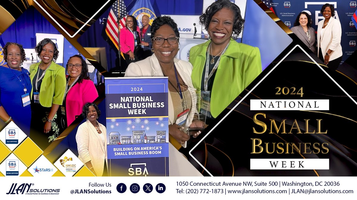Celebrating #SmallBusinessWeek by attending the @SBAgov Awards ceremony on April 29. Honored to be invited by Vickey Evans!

A #8a and #WOSB, JLAN Solutions is delighted to provide cutting edge solutions and great service.
jlansolutions.com/contract-vehic…

@WeTheFamilies @JackieRBurnette