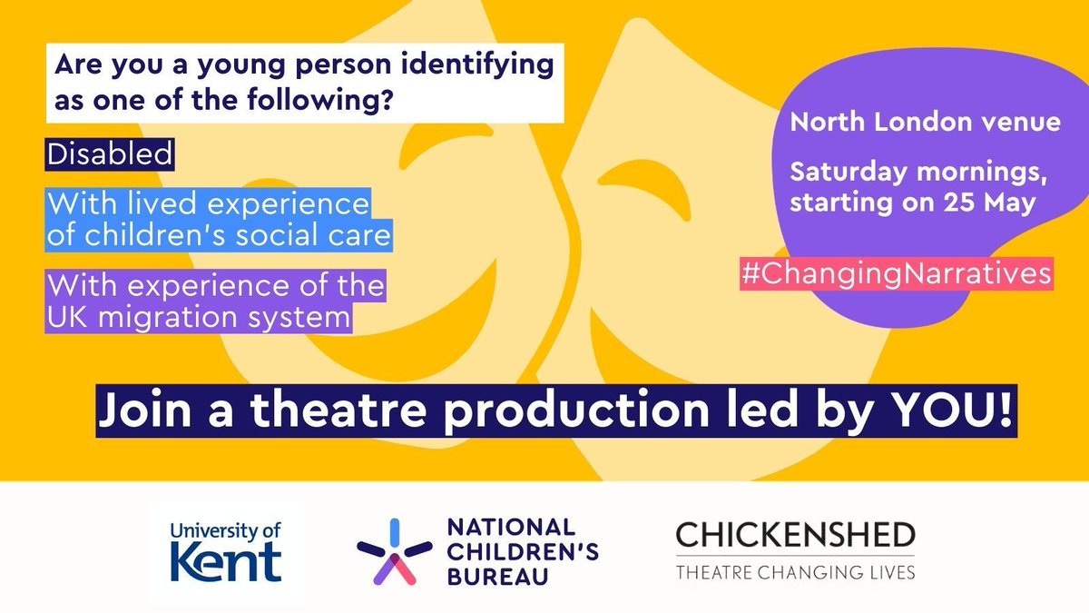 📢 🎭 We’re excited to announce a new collaboration with @UniKent & @chickenshed_uk, part of our Changing Narratives project! We'll be running theatre workshops throughout the year for children and young people to explore and share their experiences creatively. 👇 (1/4)