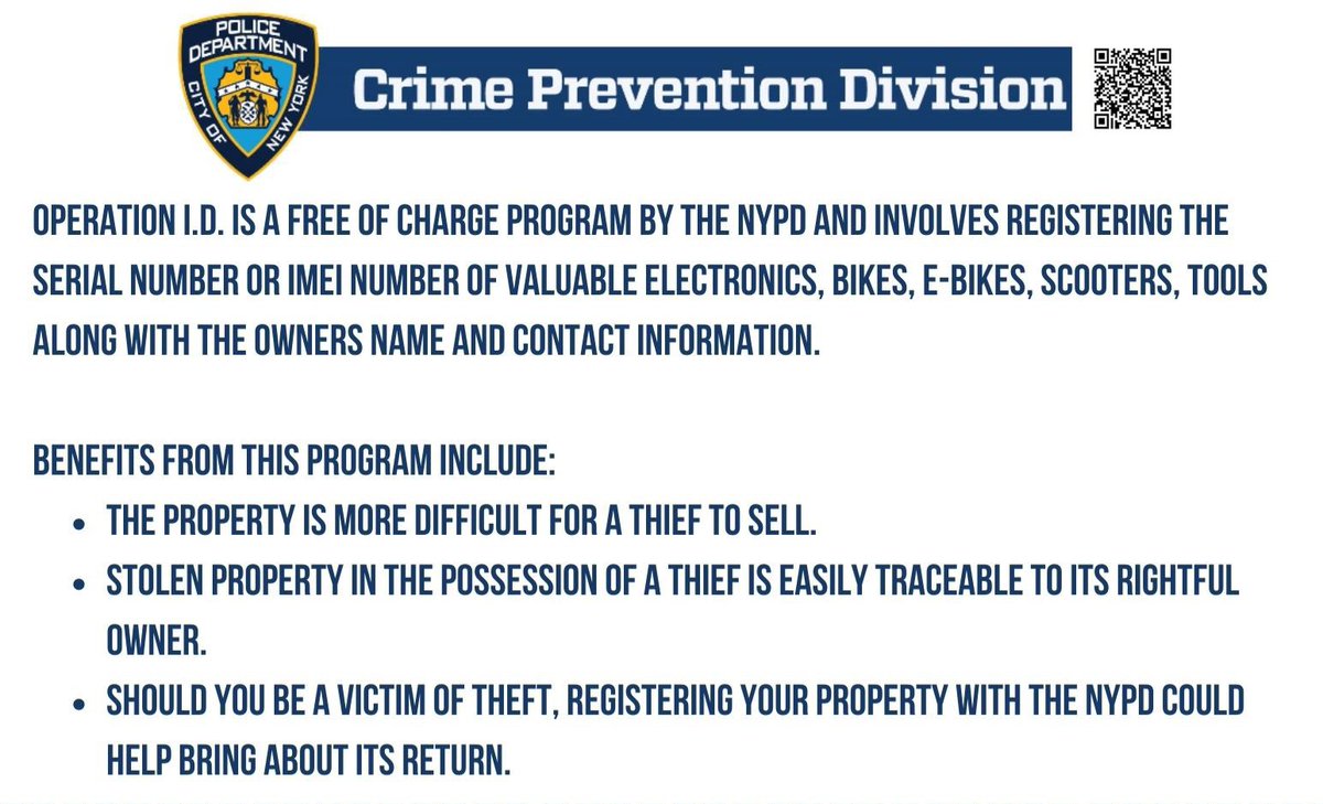 You can register all your electronics, bicycles (including e-bikes), and power tools with your Crime Prevention Officer. Registration is 100% free and takes a few minutes to do. Call 917-825-9804 to schedule an appointment today. Walk-ins are welcomed.