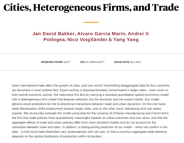 Export activity is disproportionately concentrated in larger cities – even more so than overall economic activity, from Jan David Bakker, @afgarciam, Andrei V. Potlogea, Nico Voigtländer, and Yang Yang nber.org/papers/w32377