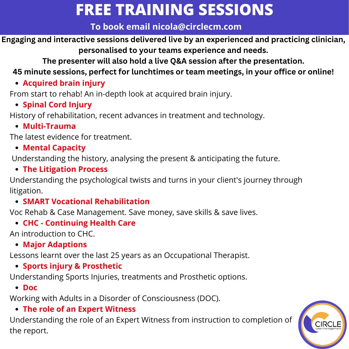 Our free training sessions are delivered by a practicing clinician, in your office or virtually! 45 minutes long: perfect for lunchtime or team meetings. please contact nicola@circlecm.com #CircleCM #Training #ClinicalNegligence #MedicalNegligence #PersonalInjury #CoP