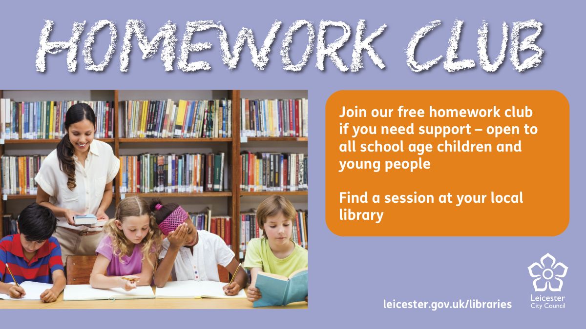 Know a young person who needs help with their homework? Help is at hand at #Leicester libraries' friendly and free homework clubs (term-time only). All school-age children welcome! Find a session at your local library here: ow.ly/EVoQ50QuslB