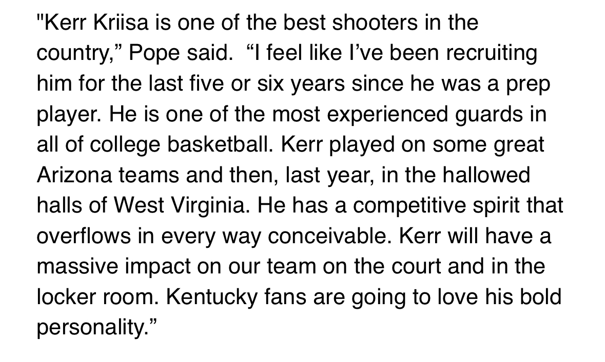 Kentucky just announced the addition of WVU transfer Kerr Kriisa, who committed yesterday. Read Mark Pope's comments about Kriisa, whom he believes will have a 'massive impact' on and off the court.⬇️ READ: on3.com/teams/kentucky…