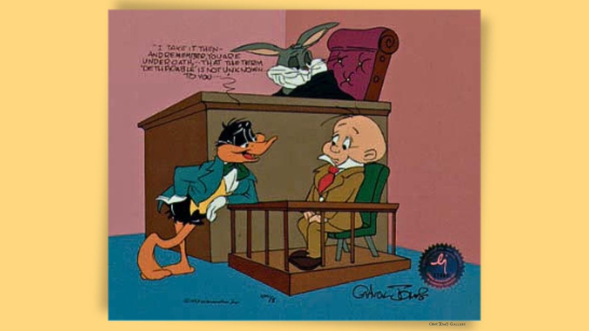 Whether it's outsmarting Elmer or dodging Daffy, Bugs Bunny will make sure the law is as looney as can be! 
.
Dethpicable Courtroom Group | Chuck Jones | Shop 🛒 ow.ly/yIEt50Ru1ts
.
#chuckjonesgallery #sandiegoart #santafeart #ocart #bugsbunny #daffyduck #limitededitionart