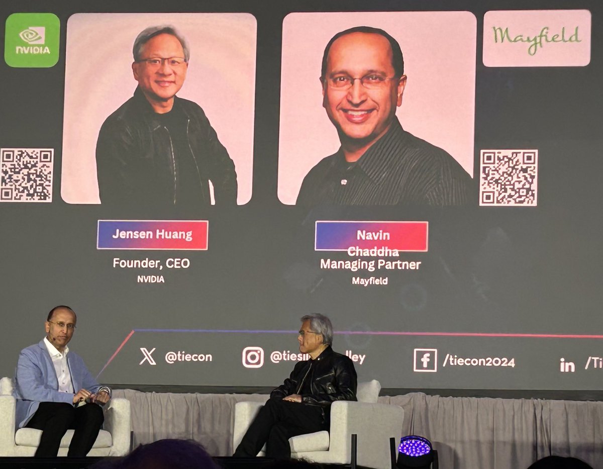 aditipal's tweet photo. Very insightful conversation with the man of the hour leading the AI revolution, Jensen Huang, CEO of nVIDIA ⁦@TiEcon⁩ https://t.co/r1NRhcMBsl
