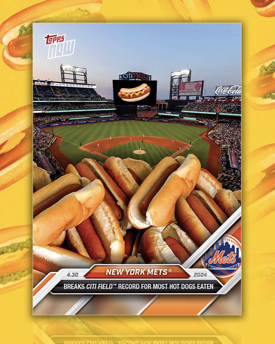 🌭 𝗝𝗨𝗦𝗧 𝗜𝗡: We’re making a card to celebrate the Mets selling a record-breaking 44,269 hot dogs in a single game…just like the hot dogs, the cards are just $1 each. Available for 24 hrs or until 44,270 cards are sold…can the cards outsell the dogs?? 🌭🤔