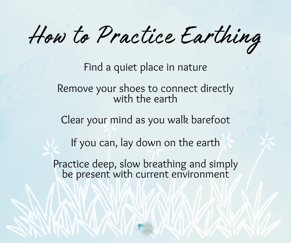 Earthing is the practice of walking barefoot in order to ground yourself and connect directly with the earth. This can have positive benefits for both physical and mental health.
🪻Give this grounding technique a try outside!

#Earthing #Grounding #Mindfulness#InFocusCounseling