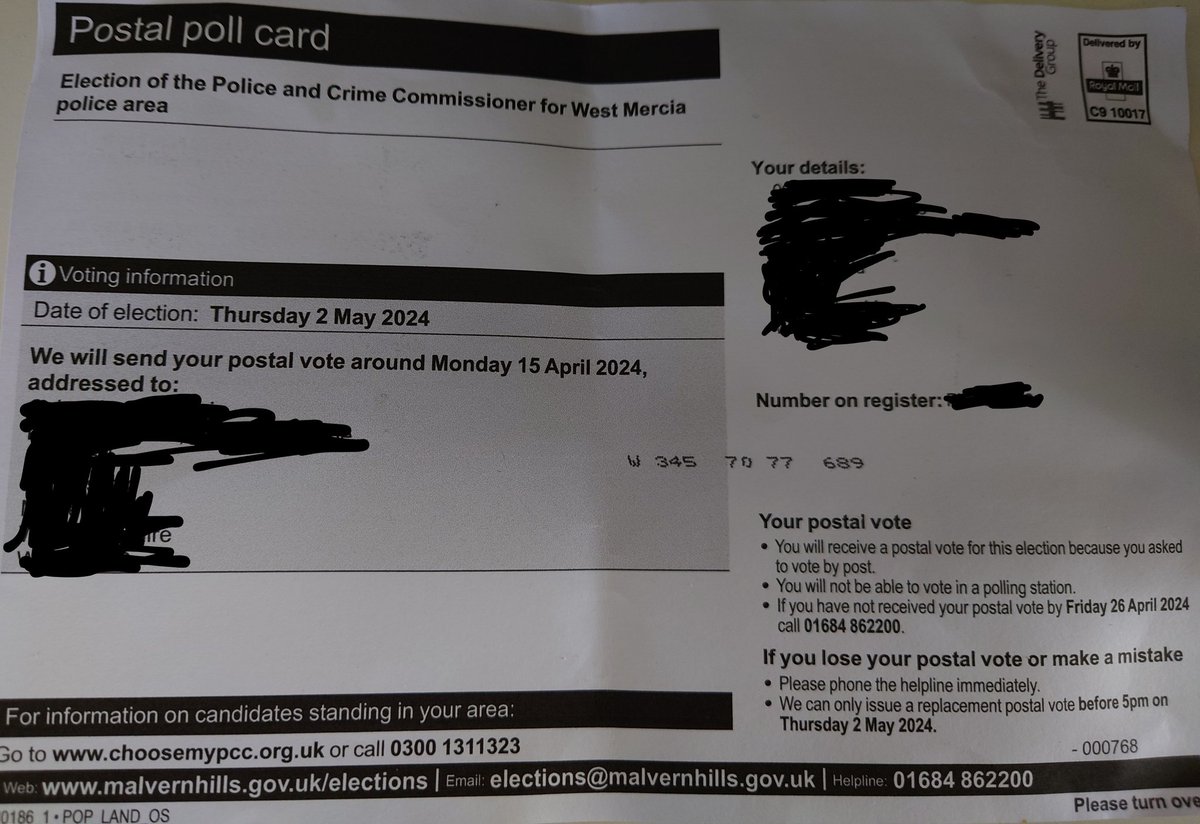Poll card arrived today, the day of the election. Registered for postal vote at the beginning of April. Luckily I remembered last week not even a poll card received so emailed them and was told it was being sent out. Which it did. Many wouldn't. @MalvernHills_DC @ElectoralCommUK