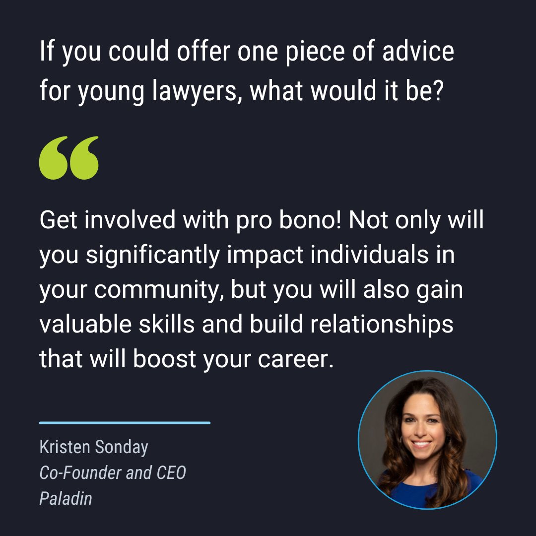 We spoke with @kristensonday, the Co-Founder and CEO of @JoinPaladin, a #LegalTech platform that is dedicated to increasing access to justice by helping legal teams run more efficient #ProBono programs. Read her #ProfessionalismSpotlight on our blog. hubs.li/Q02vy6xz0