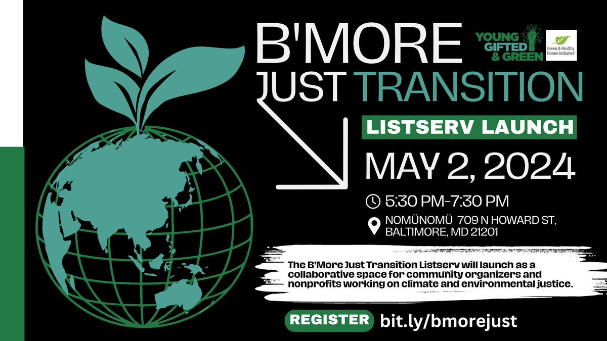 The B'More Just Transition Listerv launches as a collaborative space for #community organizers and #nonprofits working on climate and #environmentaljustice. 

Register: bit.ly/bmorejust

#YoungGiftedGreen #Baltimore #health #environment #cleanair #cleanwater #pollution