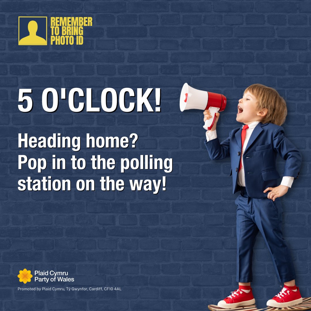 🥰 On your way home from work?

Pop to the polling station with your photo ID, and vote for your Plaid Cymru candidate! 🏴󠁧󠁢󠁷󠁬󠁳󠁿

👉 Candidate information can be found at partyof.wales/candidates
👉 Our PCC policies can be found at partyof.wales/policiespcc

#VotePlaid #YourVoiceMatters