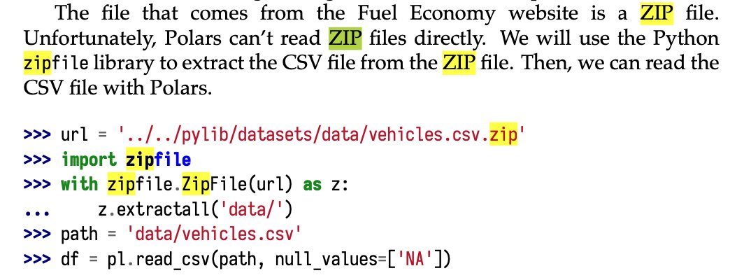 One very convenient feature of Pandas is the ability to read CSV files inside of a ZIP file. With Polars we need to jump through some hoops.