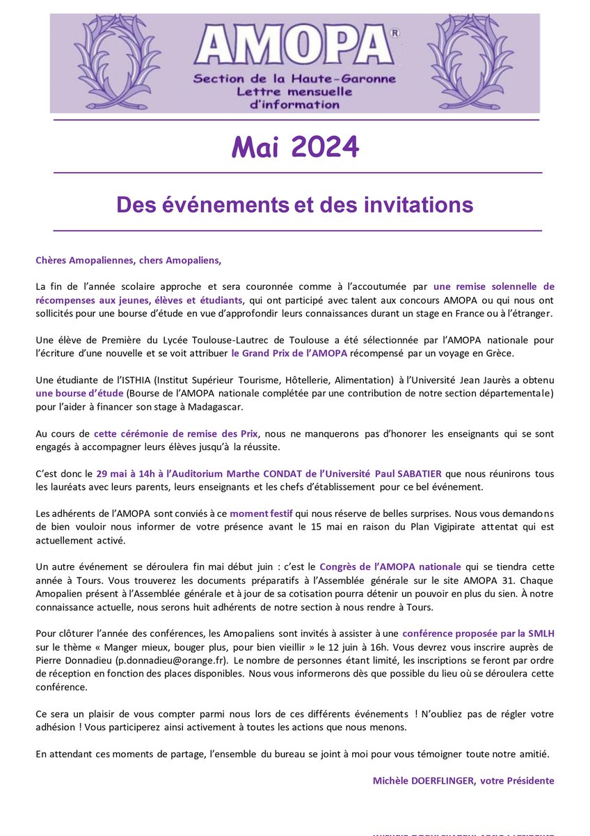 ✉️📬Lettre  d'#info de l'@amopa31 du mois de mai
🚨 Mercredi 29 mai, cérémonie annuelle de remise des prix aux élèves des établissements scolaire de la Haute-Garonne dans l'amphi Marthe Condat de l'@UT3PaulSabatier.

@DSDEN31 @HauteGaronne @actoulouse